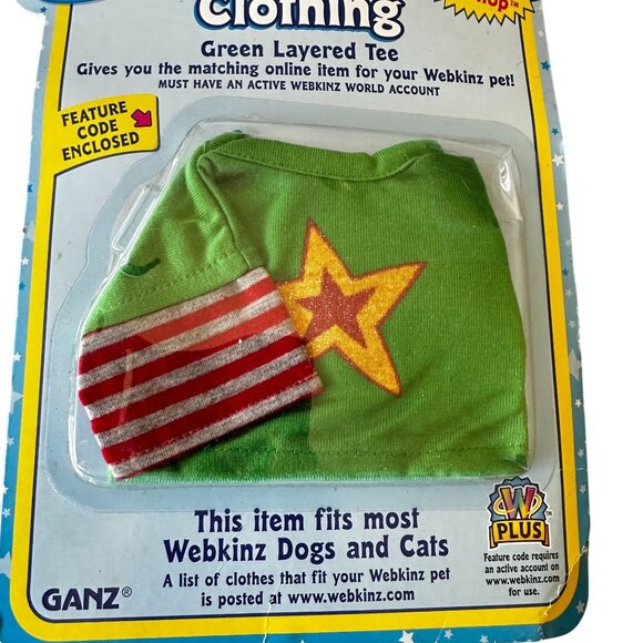 Webkinz Green Layered Tee Shirt Star Red Striped Sleeve NEW Dog Cat Code Clothes - Picture 2 of 3